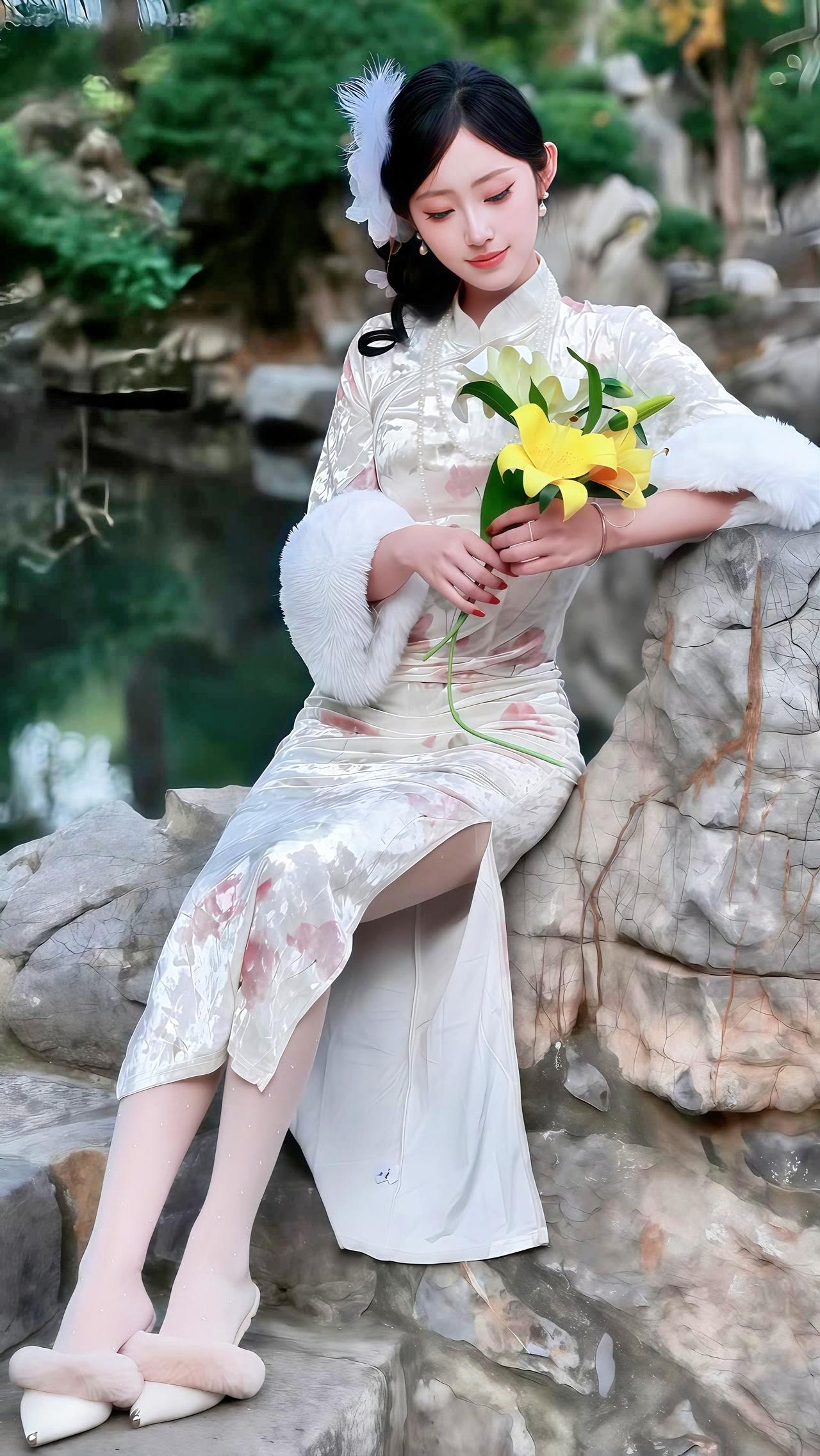 古风少女与花相伴，静坐石旁，宛如画中人。