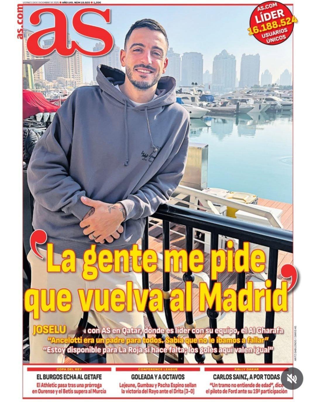 皇马《阿斯》何塞卢:人们请求我回皇马；安切洛蒂是所有人的父亲，他知道我们不会