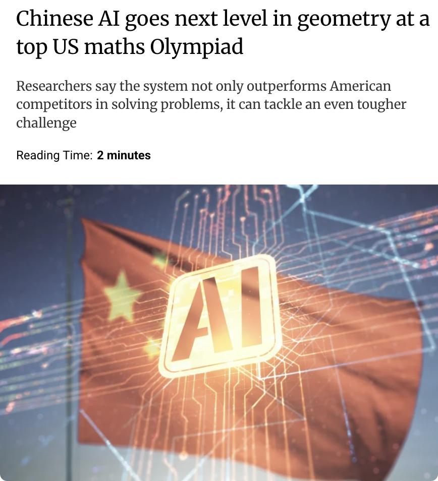 外媒：中国的人工智能系统在国际数学奥林匹克竞赛（IMO）级别的几何问题解决上超越