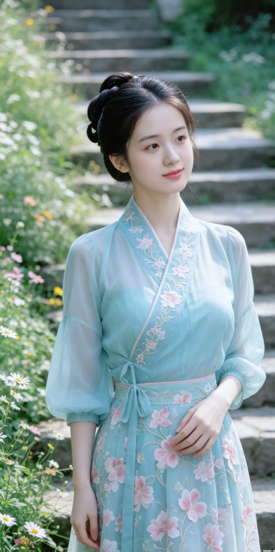 温柔古风少女，花间漫步，尽显古典韵味。