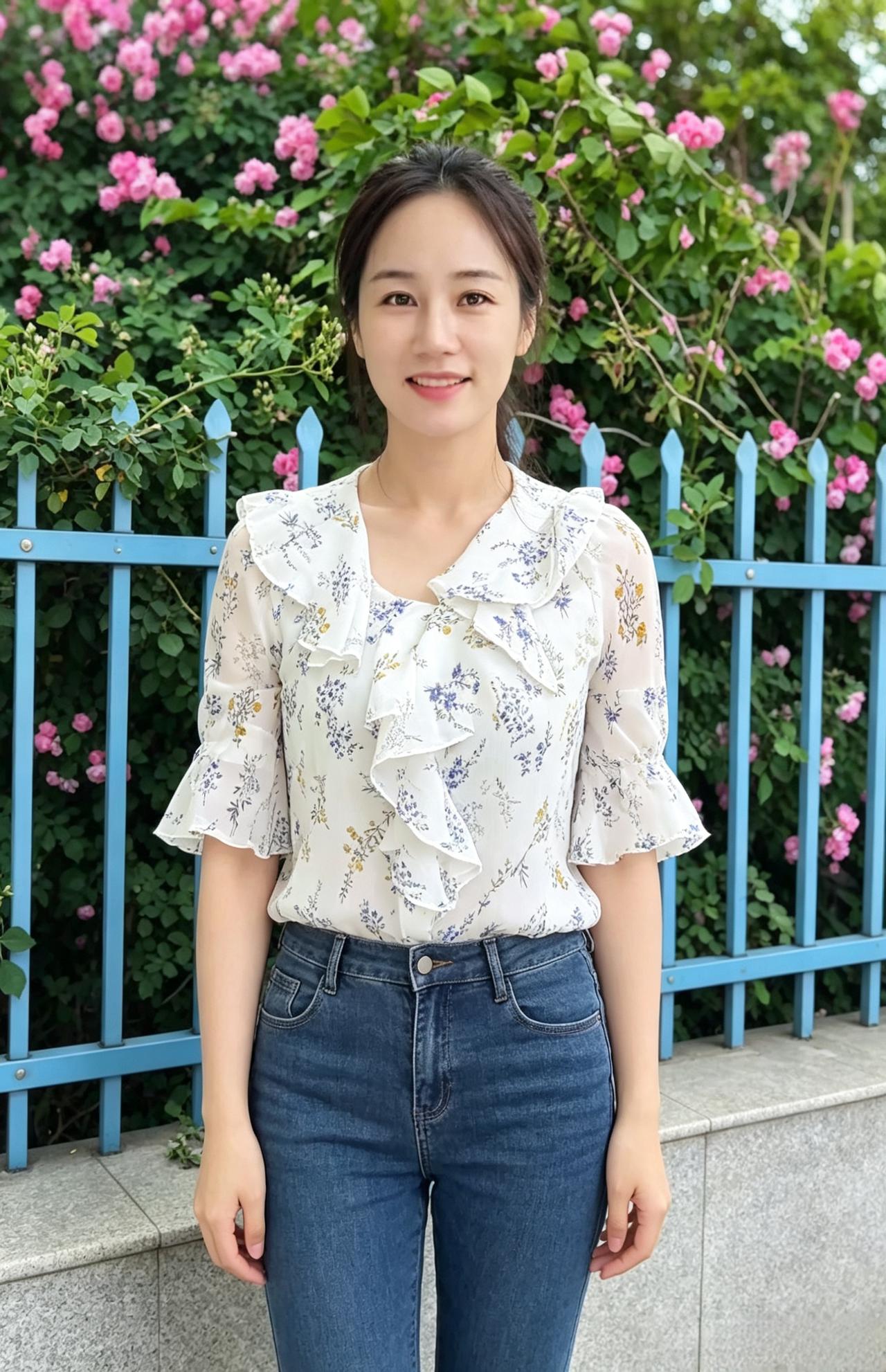 满园繁花肆意盛放蓝栏绿植衬你的模样衣衫上的碎花与身后花海相撞撞出一整个春