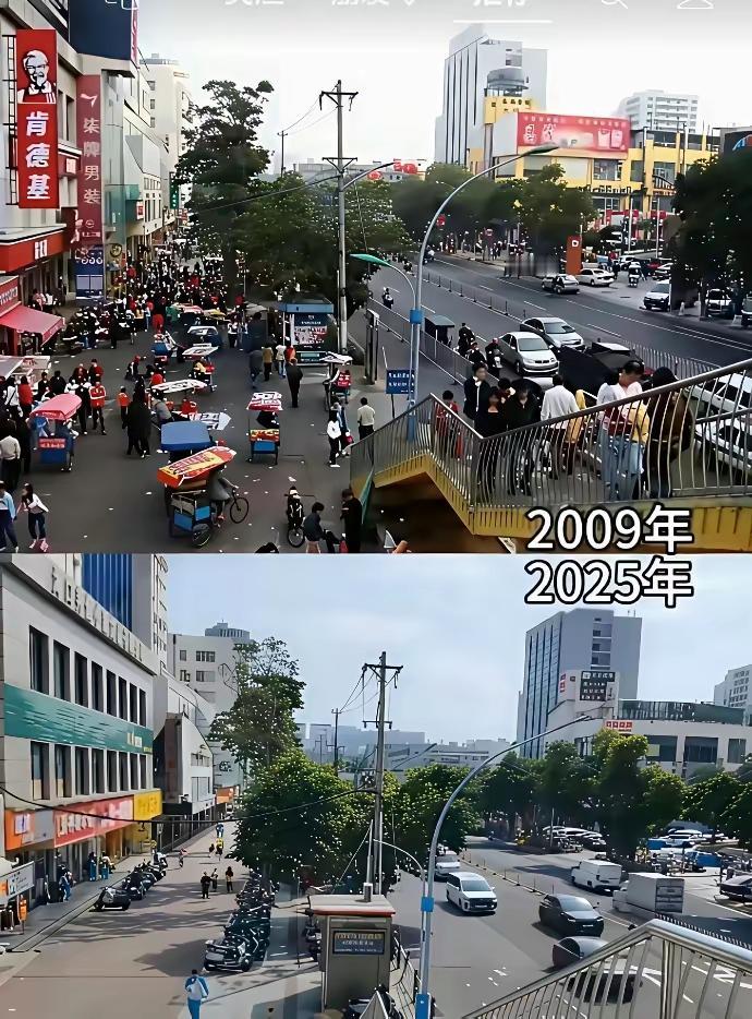 这两张国内的对比图，我个人觉得是假的。一是电线杆。从这张图看，有天桥的城市至少