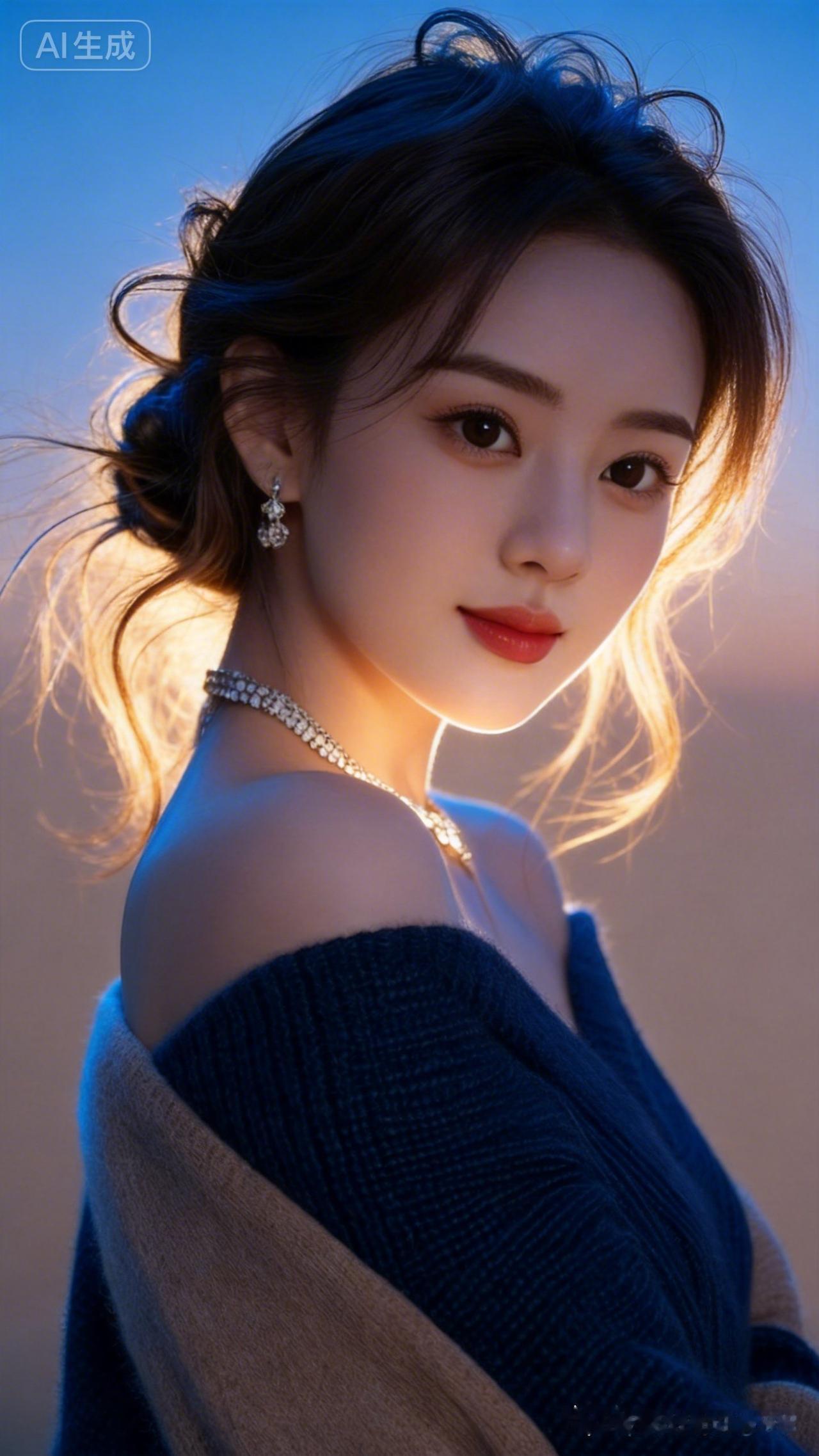 女子深棕慵懒波浪扎发随风飘动，冷白发光肌肤，瓜子红唇，侧身低头微笑，撞色露肩羊绒