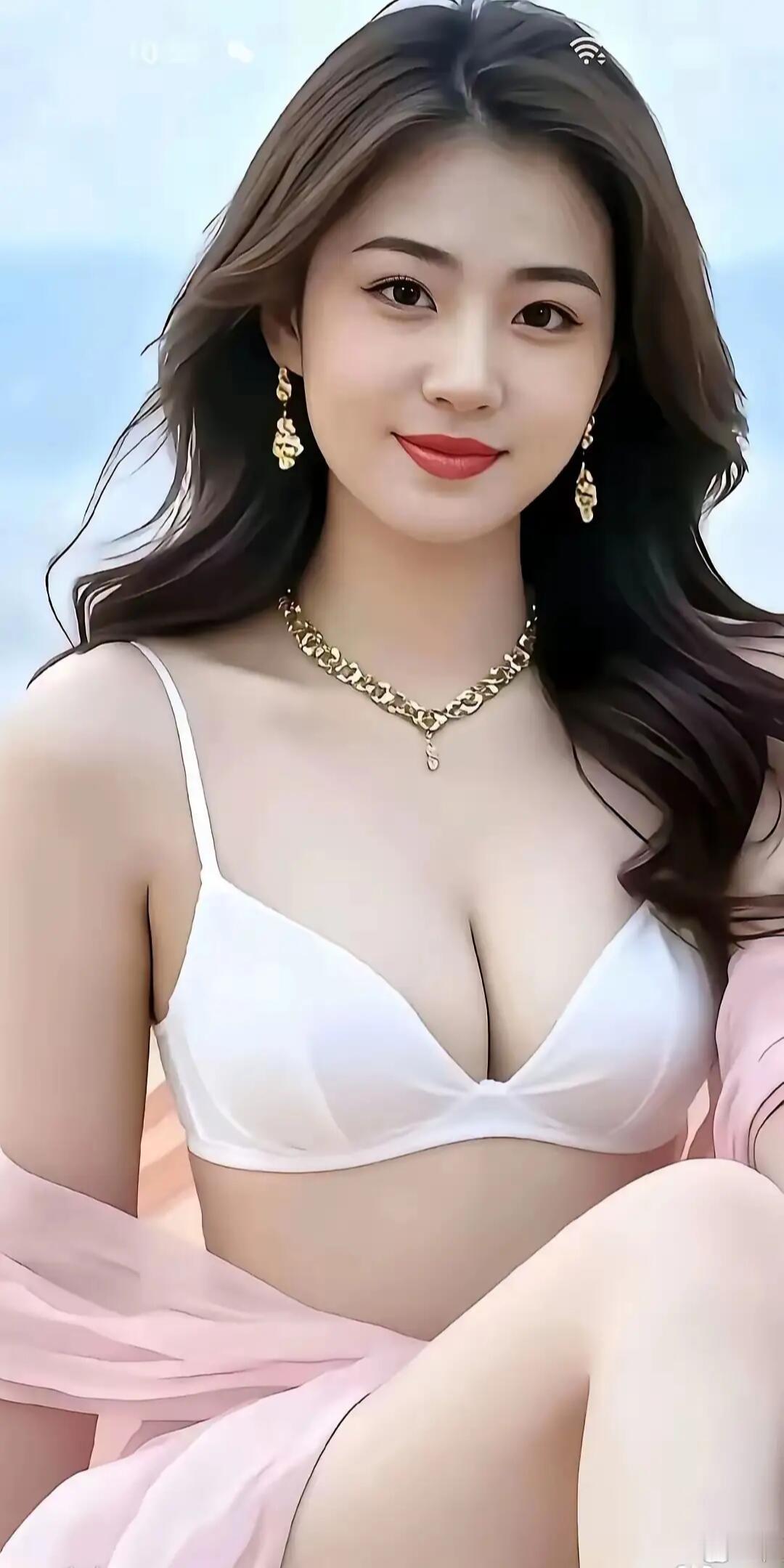 夏日沙滩上的甜美少女，粉裙飘飘，海风吹拂，笑靥如花。