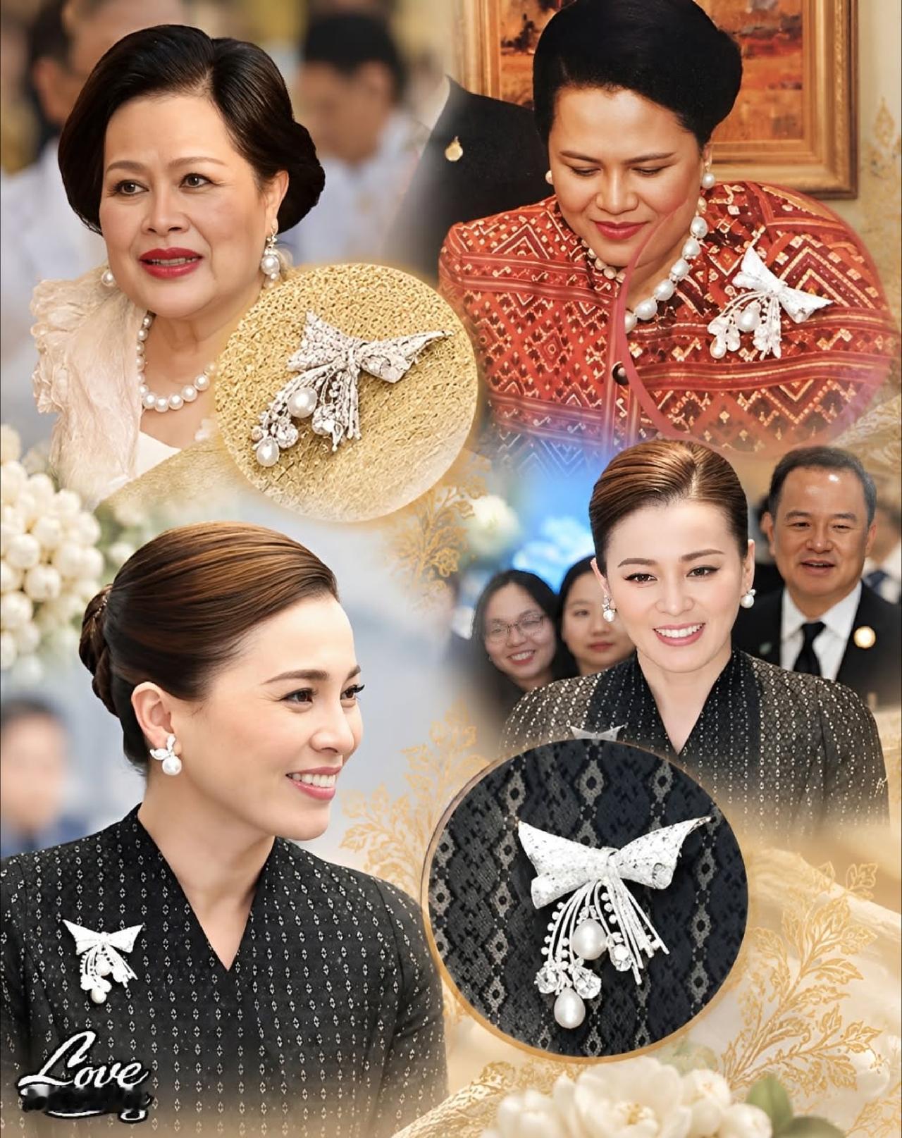 苏提达访华时，佩戴“钻石珍珠蝴蝶结胸针”2025年11月苏提达王后访华，胸前一