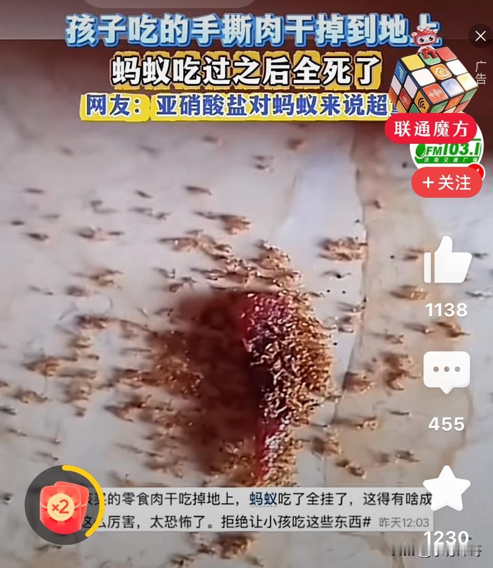 太可怕！海南，小孩子在超市买的手撕肉干掉到地上，蚂蚁吃完当场死亡！宝妈吓坏了，这