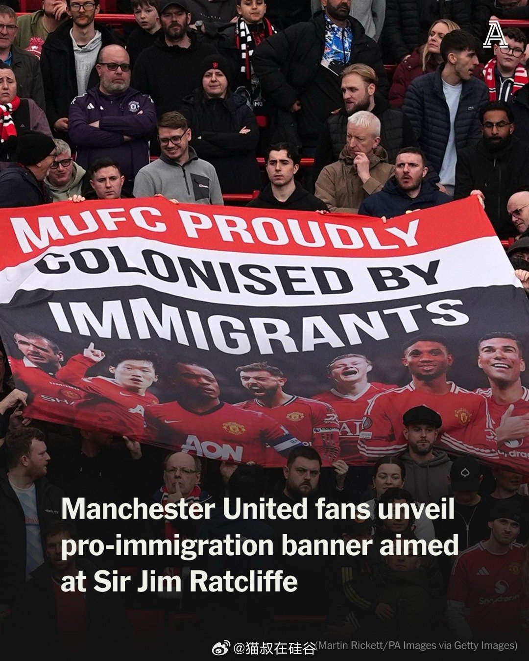 曼联球迷在周日对阵水晶宫的比赛中展示了一幅支持移民的横幅，以回应少数股东吉姆·拉