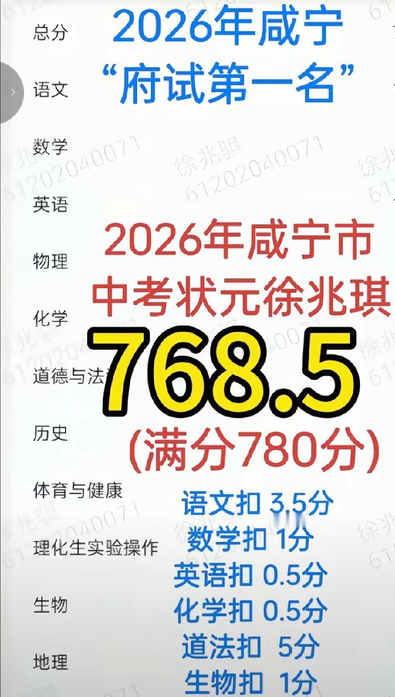 今年咸宁中考含金量拉满！全市状元徐兆琪768.5分登顶，离满分只差11.5分。
