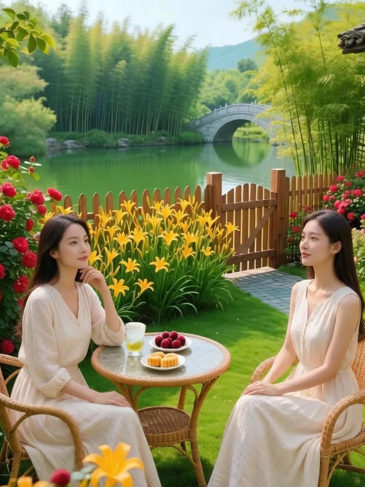 一庭烟雨一庭芳，竹影桥边水色长。对坐无言心自远，此时无声情荡漾。