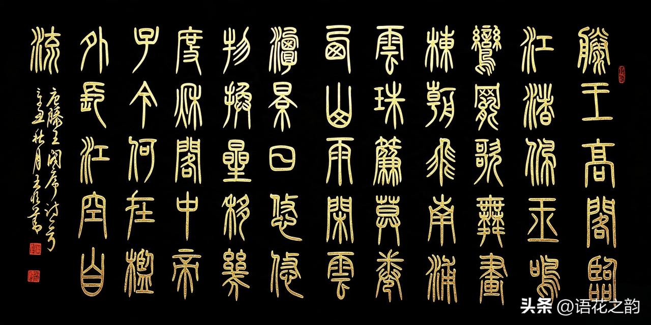 小篆书法《滕王阁》黑底金字太雅致一幅王恒善先生小篆书法作品，选用经典《滕王