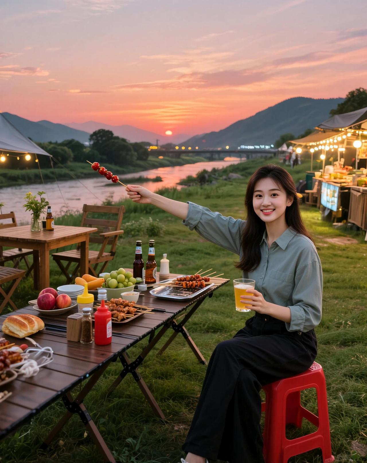 草地野餐照抖音ai创作高颜值美女