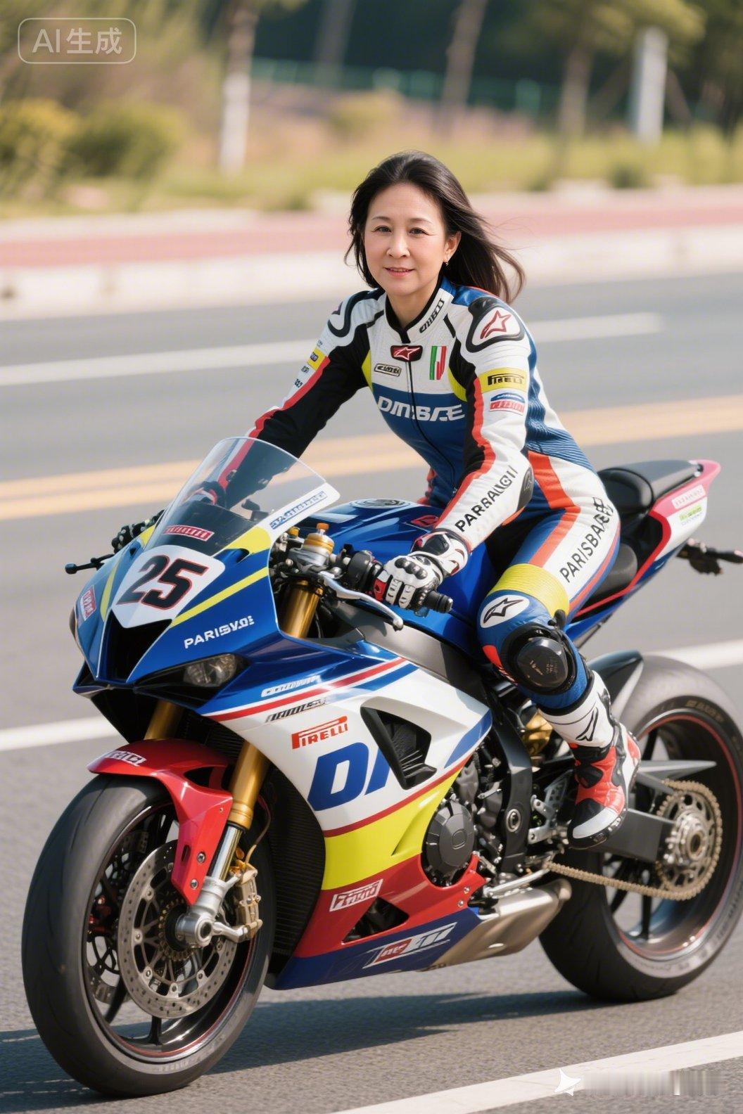 这是一位穿着赛车服的女士在骑摩托车。