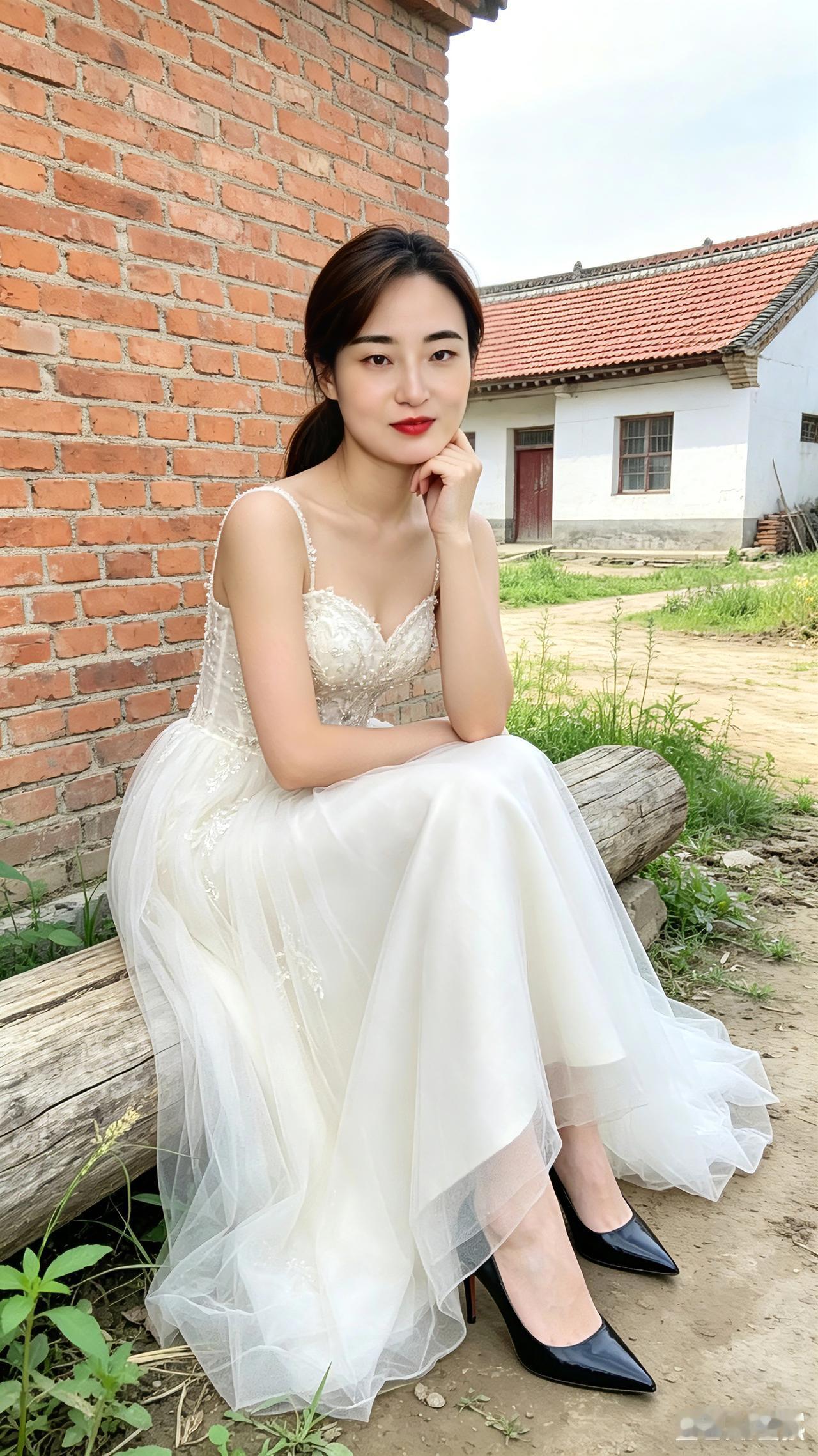 乡野佳人红砖墙边小院旁，姑娘闲坐木墩上。白纱长裙轻轻扬，素妆淡抹俏模样。