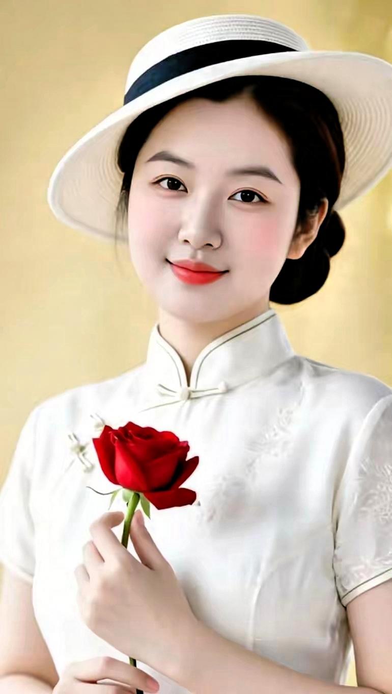 一个女孩穿着旗袍，戴着帽子，拿着一朵红玫瑰。