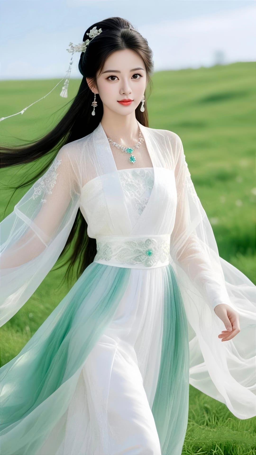梦幻古风少女，轻盈漫步在绿意盎然的田野中，宛如仙子降临。