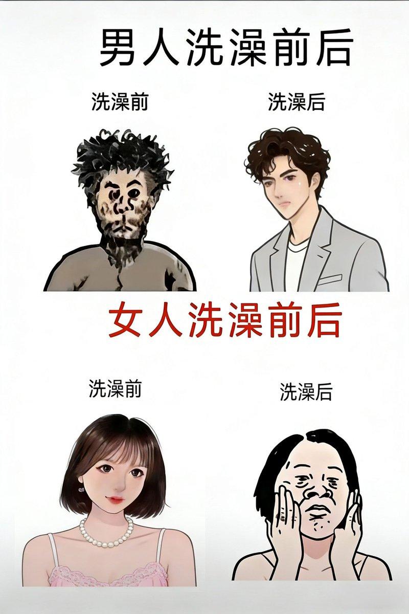男人和女人洗澡前后对比