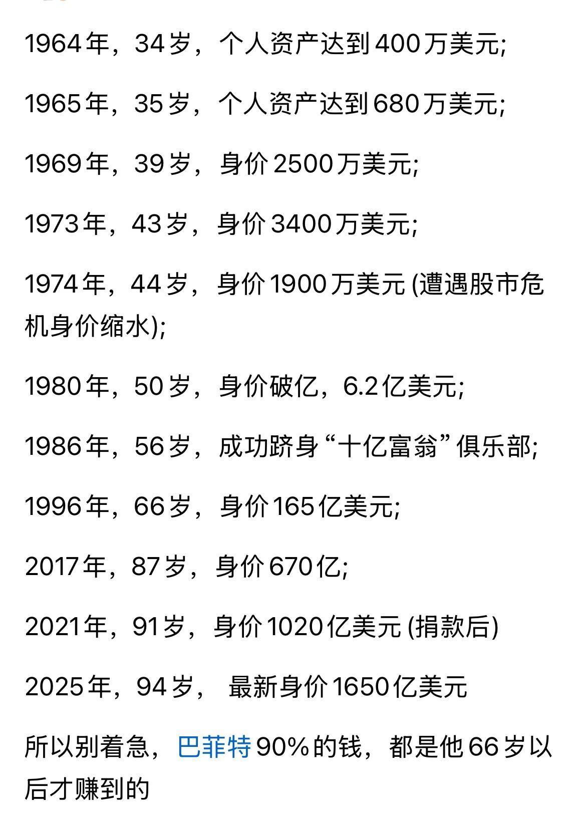 很励志，也别着急！巴菲特90％的钱，都是他66岁以后才赚到的。说明：赚钱什么时间