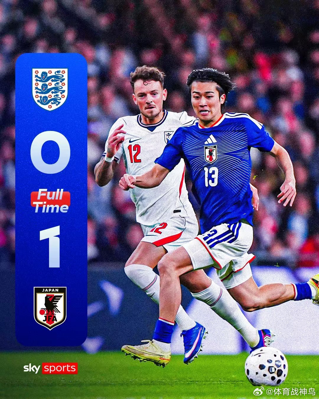 日本国家队近五场比赛战绩：✅战胜英格兰✅战胜苏格兰✅战胜玻利维亚✅战胜加