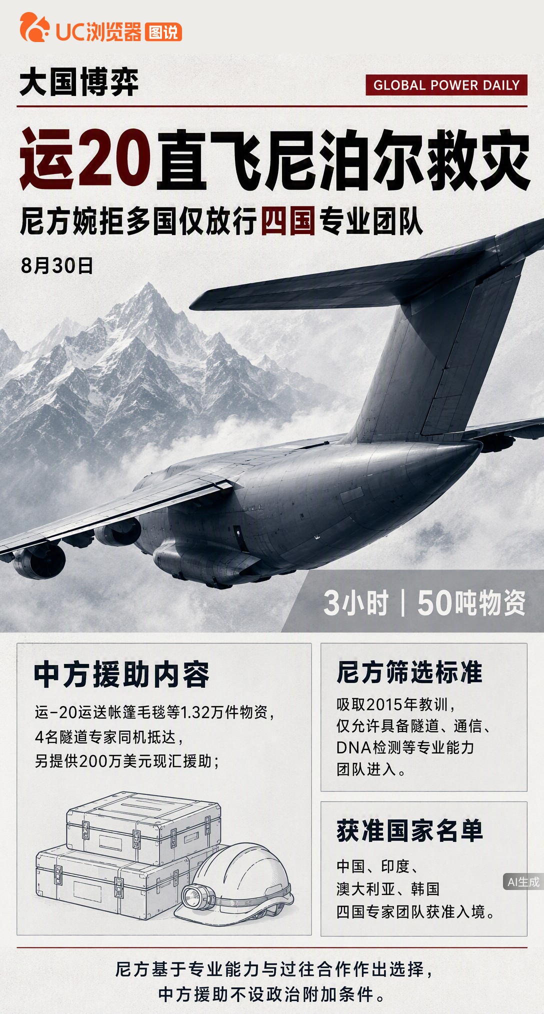 尼泊尔灾后婉拒多国救援，却点名要中国。运-20三小时直飞送50吨物资和隧道专家，只因尼方急需专业技术