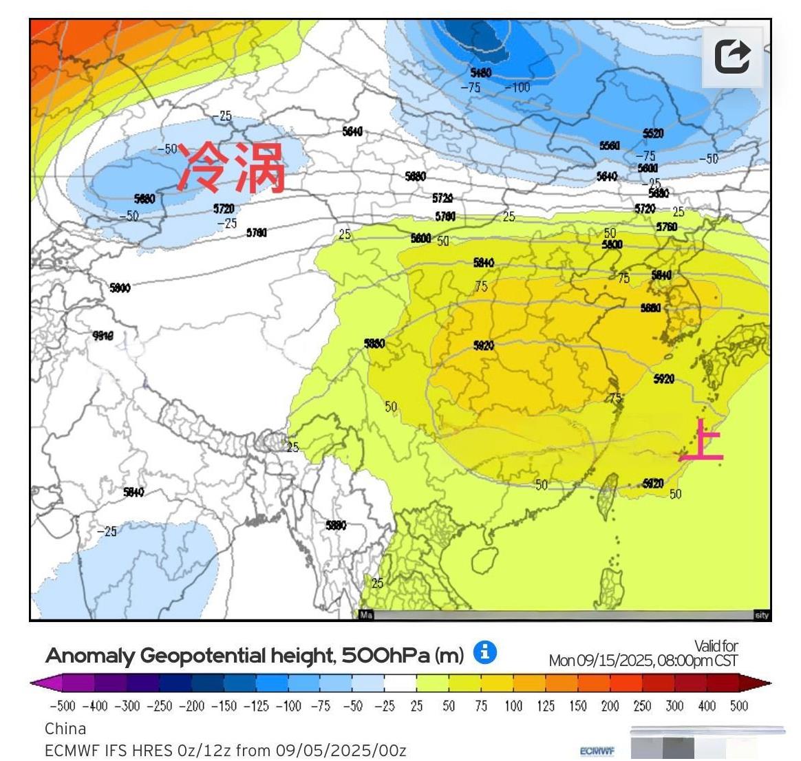 【异常副高】这一报这个9月恐怕要热的离谱。500百帕形式看，首先中旬冷涡强度调