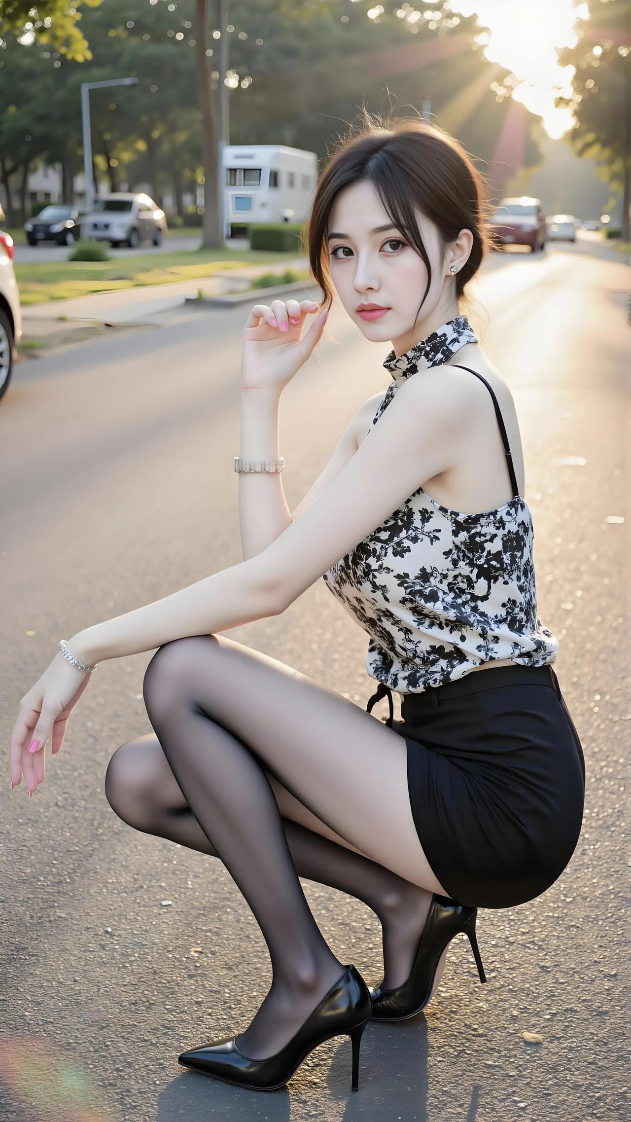 暮光漫过林荫道，无袖旗袍领上繁花暗绽，黑裙裹住玲珑曲线，丝袜在腿间晕开暧昧的光。