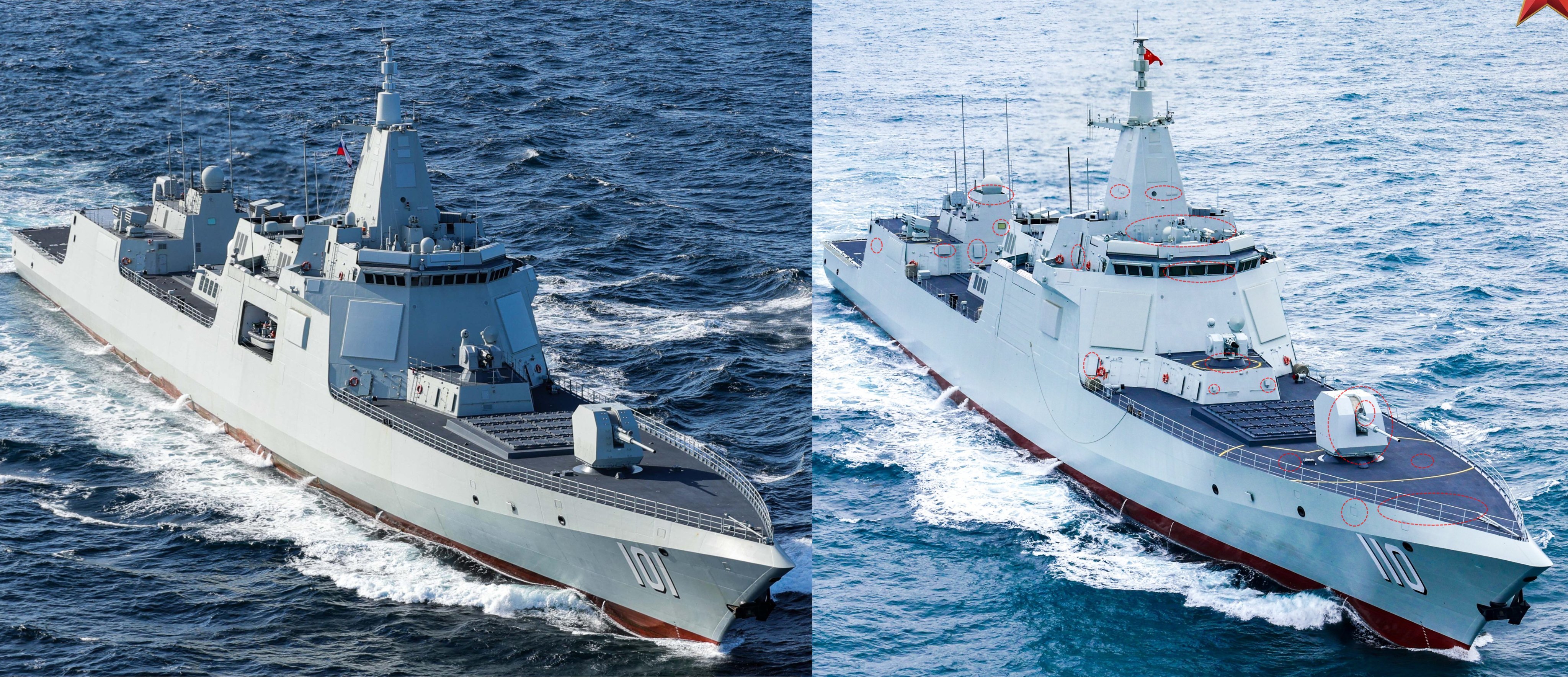 东大第二批次055相比第一批次有改进，舰首封闭甲板下开了几个舷窗图一很明显，窗