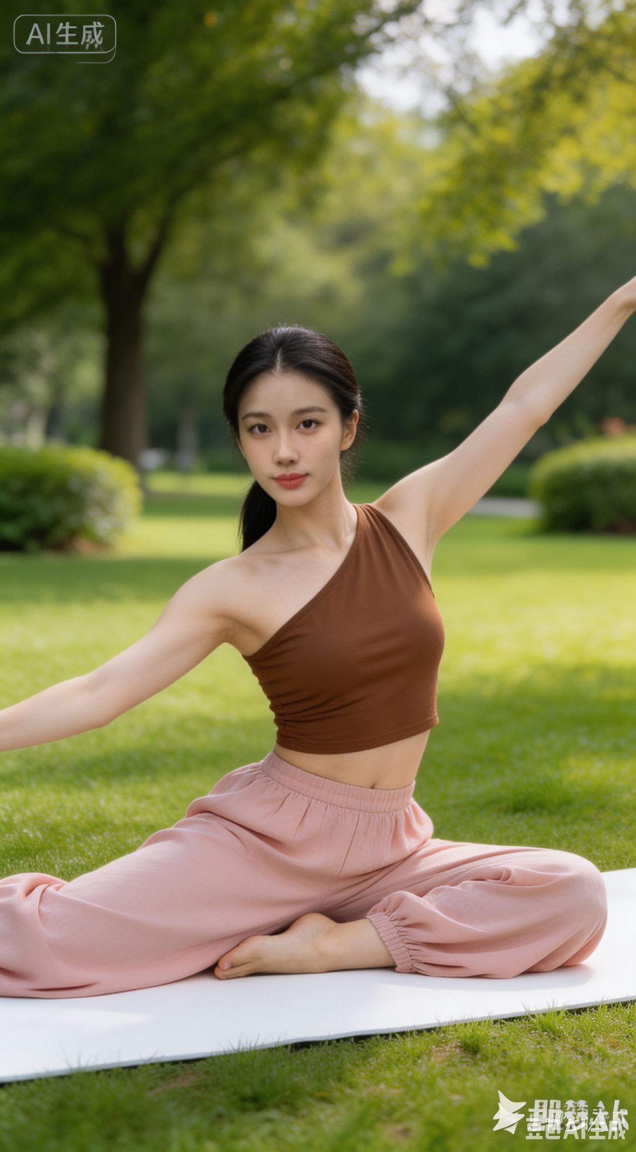 一个女孩在公园里做瑜伽。