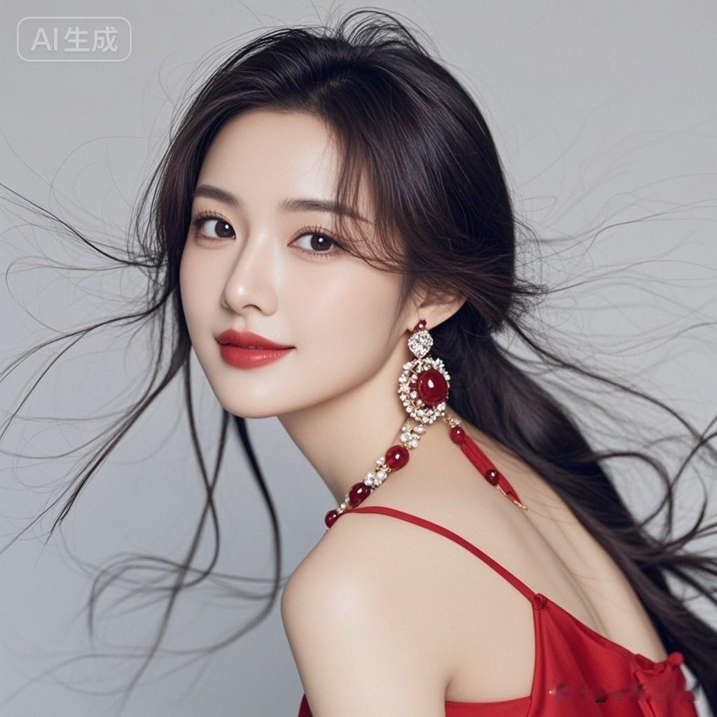 这姑娘穿着红色礼服，好漂亮！