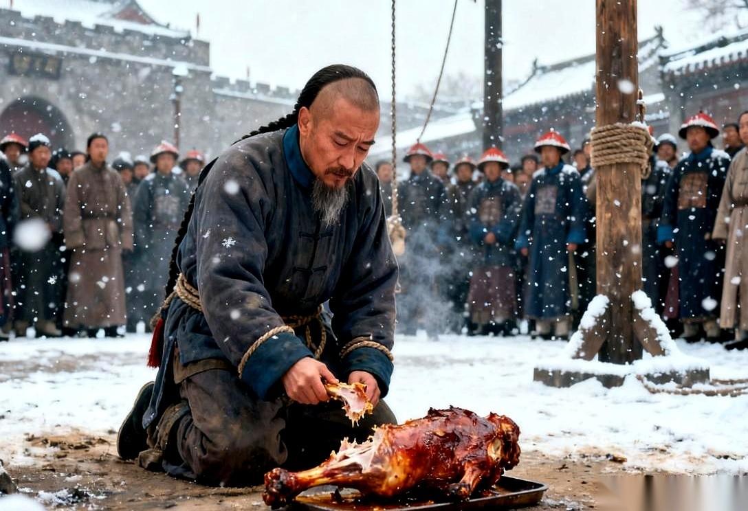 他死到临头，就一个念想：啃口热羊腿。雪地里跪着，手反绑着，眼珠子死死盯着那只食