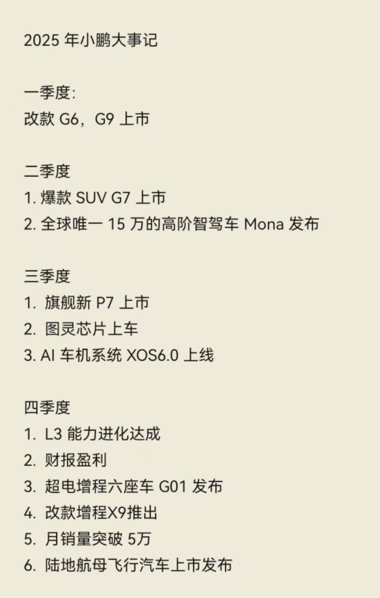 网友做的：2025年小鹏大事记，目前很多信息都没有官方确认。如果这个节奏是真的