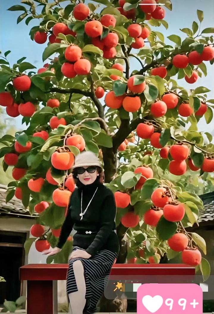 这波柿子特效直接戳中我心巴！这一树“红灯笼”也太旺了吧，瞅着就想伸手摘俩！阿姨这