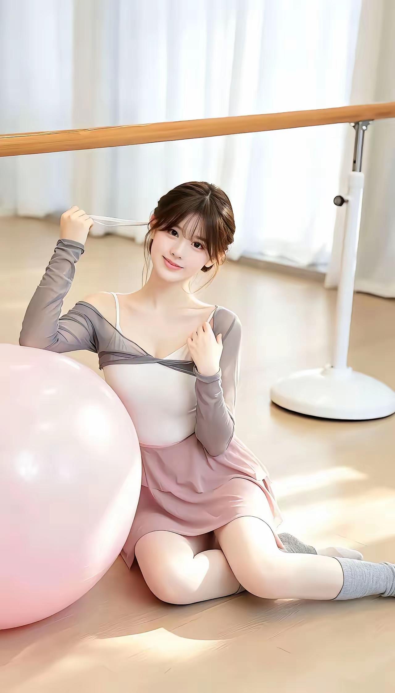 一个女孩坐在舞蹈室里，旁边有个粉色气球。舞蹈室女生舞蹈室照