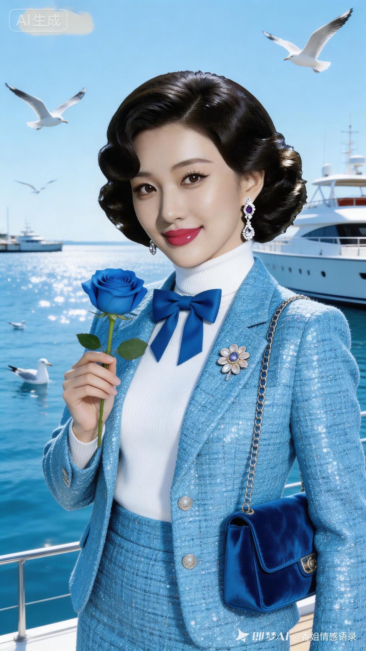 优雅蓝调，海风轻拂，玫瑰与爱同行