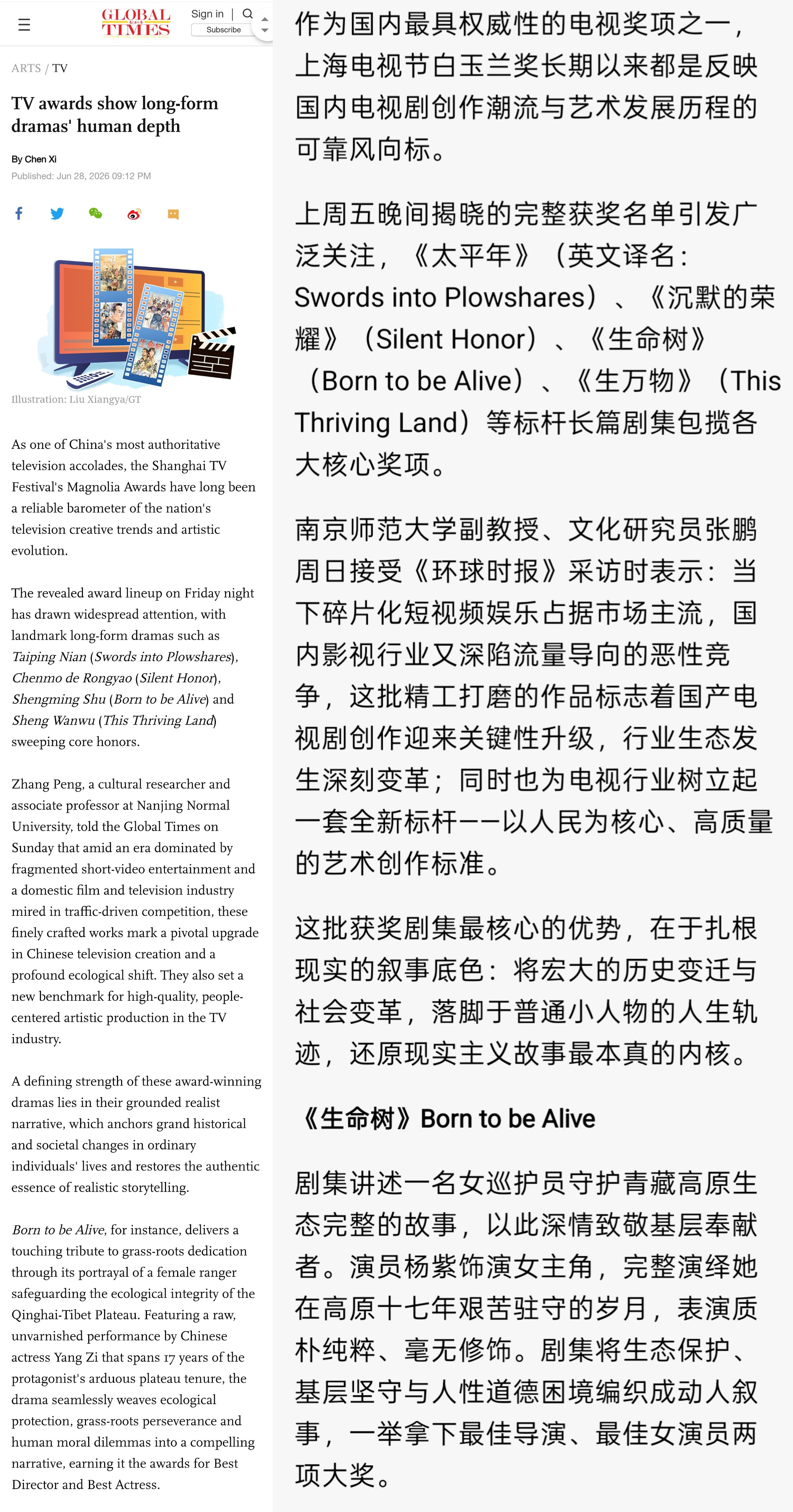 环球时报英文网今天发文关于白玉兰奖获奖剧集剖析！提到《生命树》里白菊的诠释以及剧