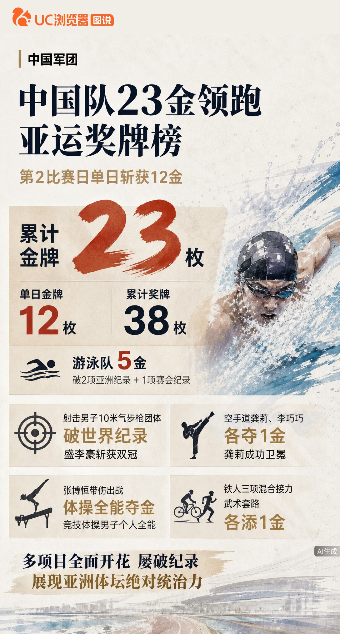 单日12金！中国队亚运累计23金领跑。游泳揽5金破两项亚洲纪录，射击男团破世界纪录，空手道、体操等多