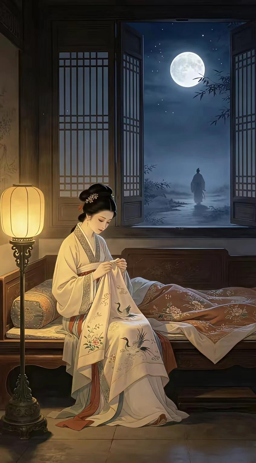客舍孤灯夜未央，举头明月照他乡。遥知故里同此月，心中惦念爹和娘。