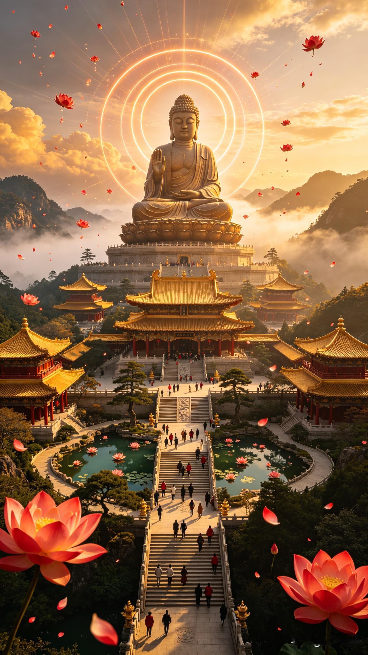 难得一见的佛境影像，航拍至佛前近景，圣像与小沙弥环绕，每一帧皆是禅意