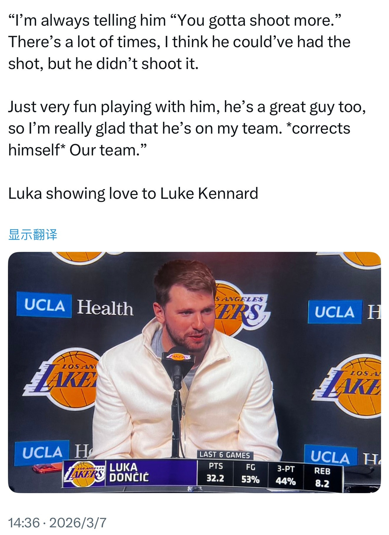 卢卡对肯纳德表示赞赏：“我总是跟他说‘你得出手更多次。’很多时候我觉得他可以投了