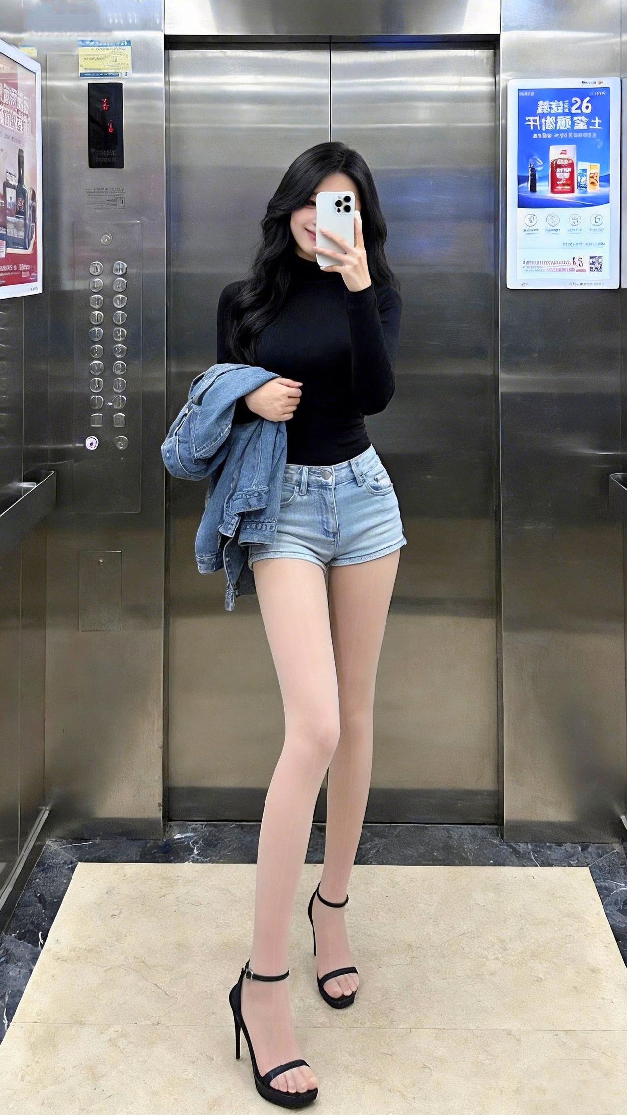 电梯间里，黑紧身衣裹着利落的辣，牛仔短裤一搭又添了松弛的酷～凉鞋踩出轻熟感，这种