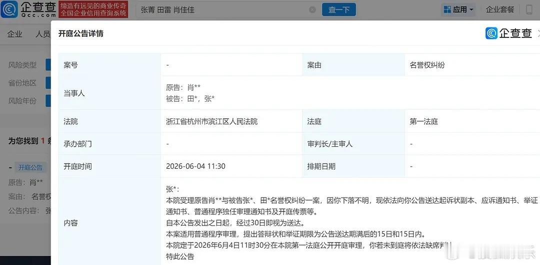 真告了的来了，九成美起诉田栩宁和若若的案子，6月4号开庭，燥候！