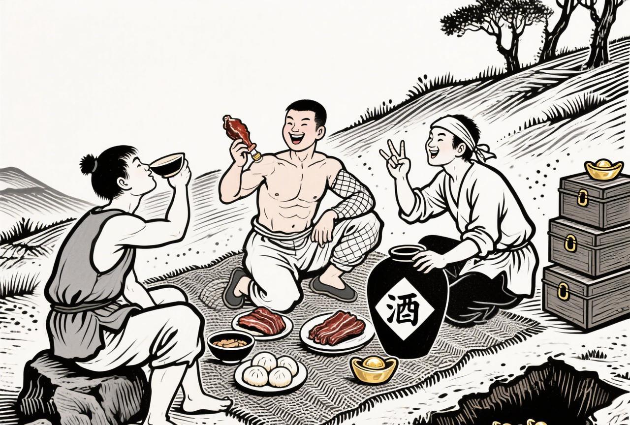 三个药童去采药；挖出了不知何时何人埋在地下的钱财，于是共议买酒买肉庆祝一番，然
