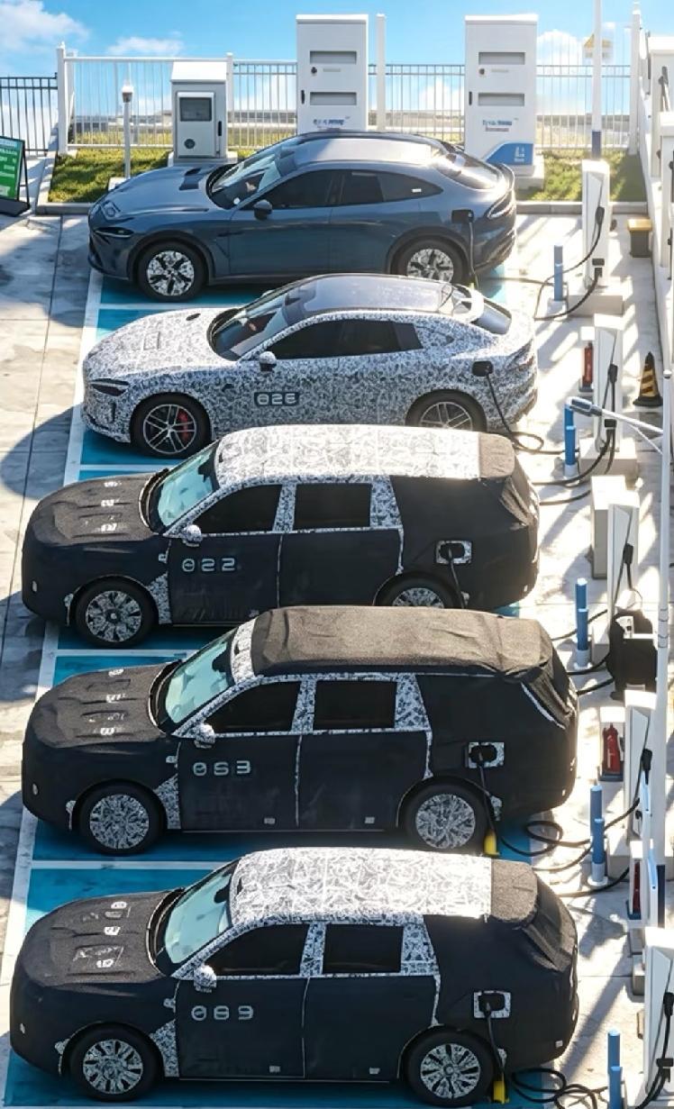 小米昆仑车型全家福从上到下：YU7青春版，YU7GT，YU9六座SUV（