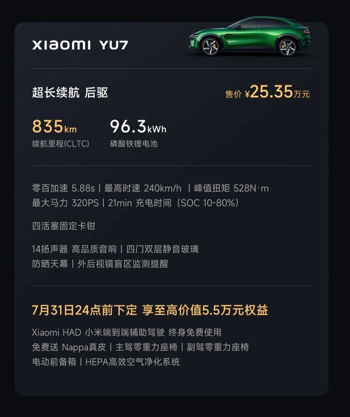 小米YU7价格出来了，一共三个配置：-YU7：25.35万元-YU7