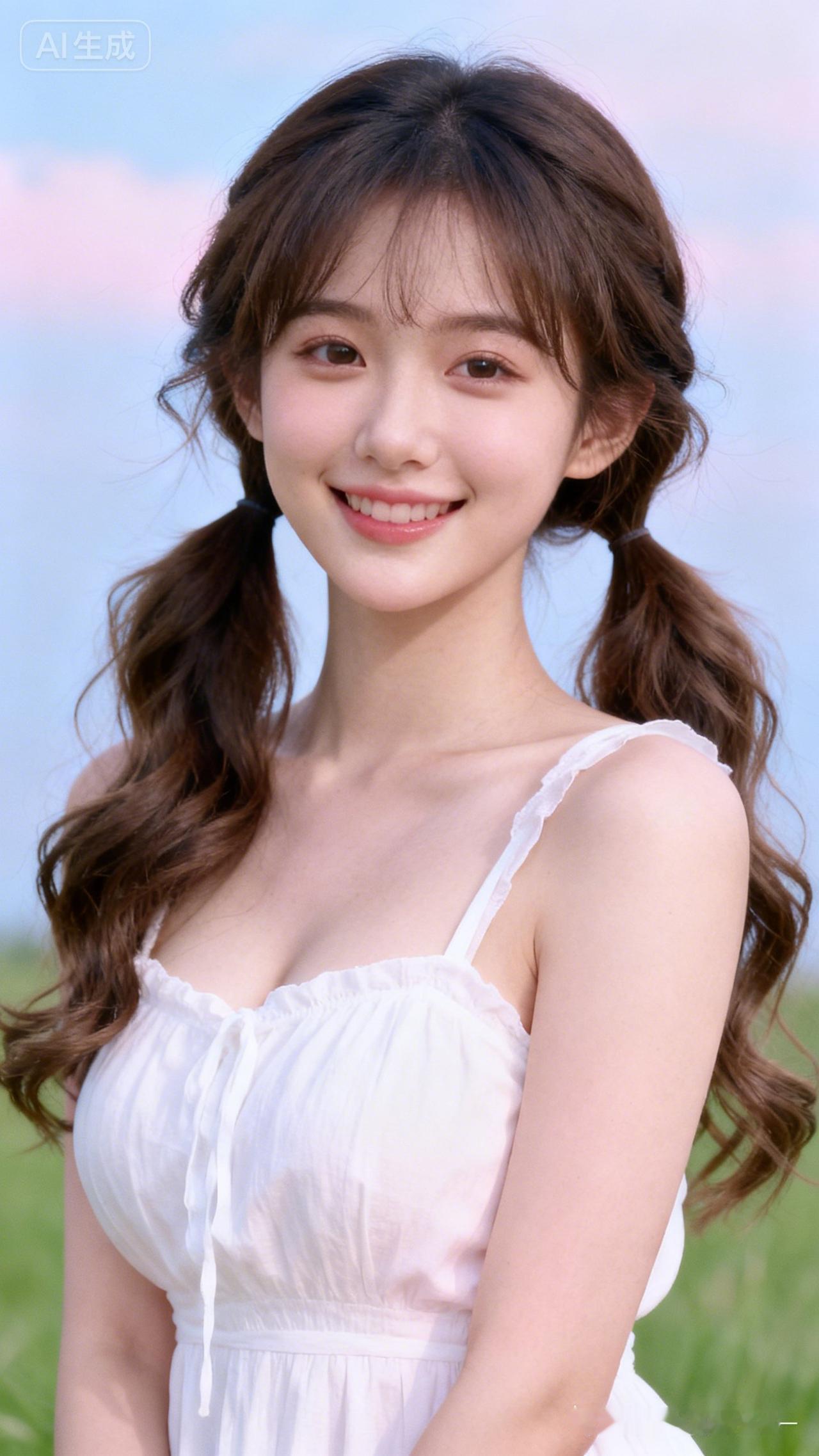 邻家小妹，扎着两个俏皮小辫子，清纯可爱气质拉满。