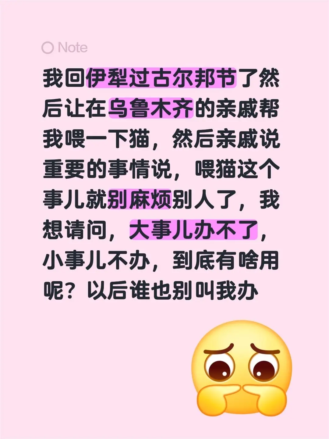 我回伊犁过古尔邦节了然后让在乌鲁木齐的亲戚帮我喂一下猫，然后亲戚说重要...