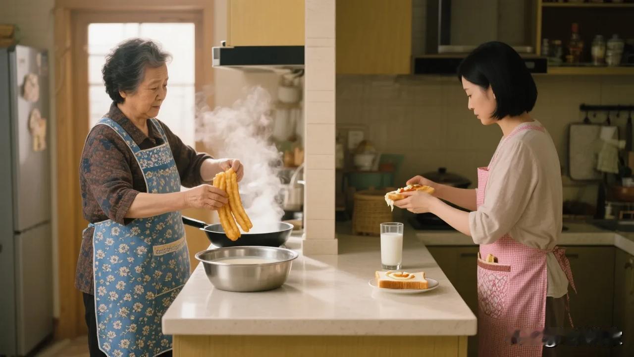 婆媳早餐战争终结记：厨房里的和解，一根油条与三明治的拥抱清晨厨房，婆婆手中油