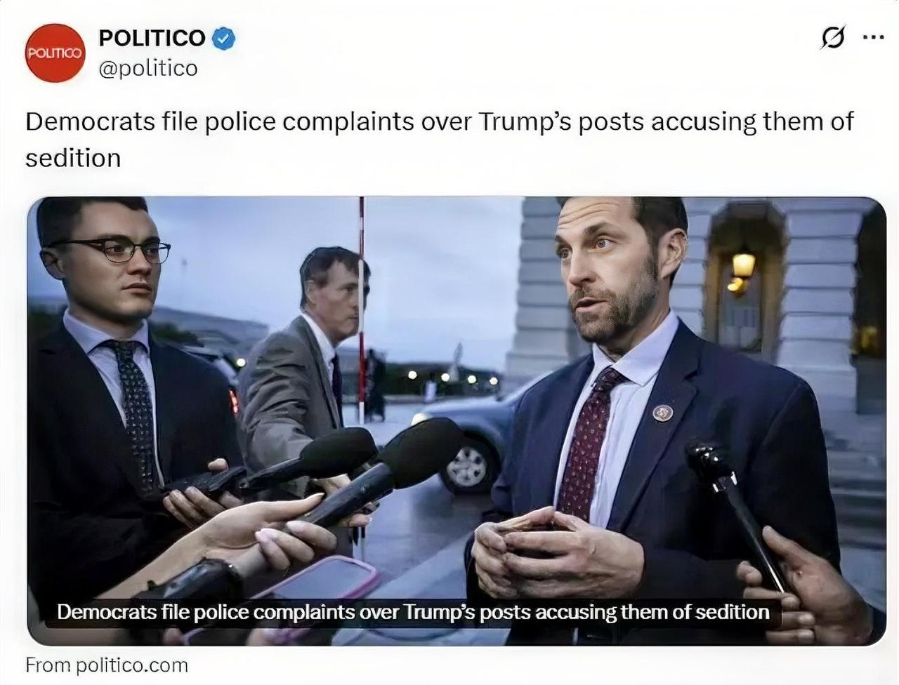 数位国会民主党议员就特朗普总统在TruthSocial上发布的威胁言论向警方报