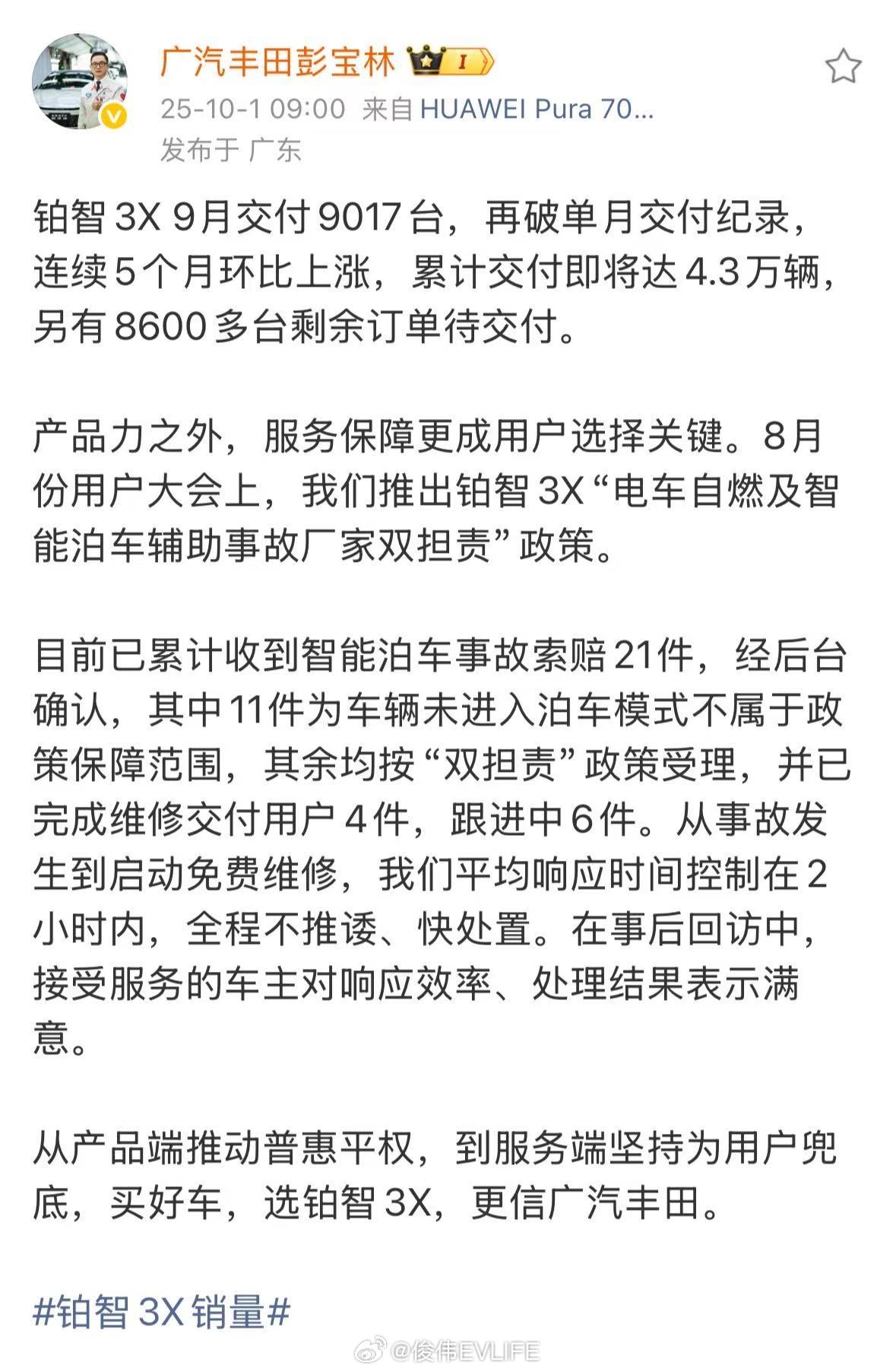 跟大家聊下广汽丰田的最新动态：1、9月销量71,220台，表现相当稳健。2、