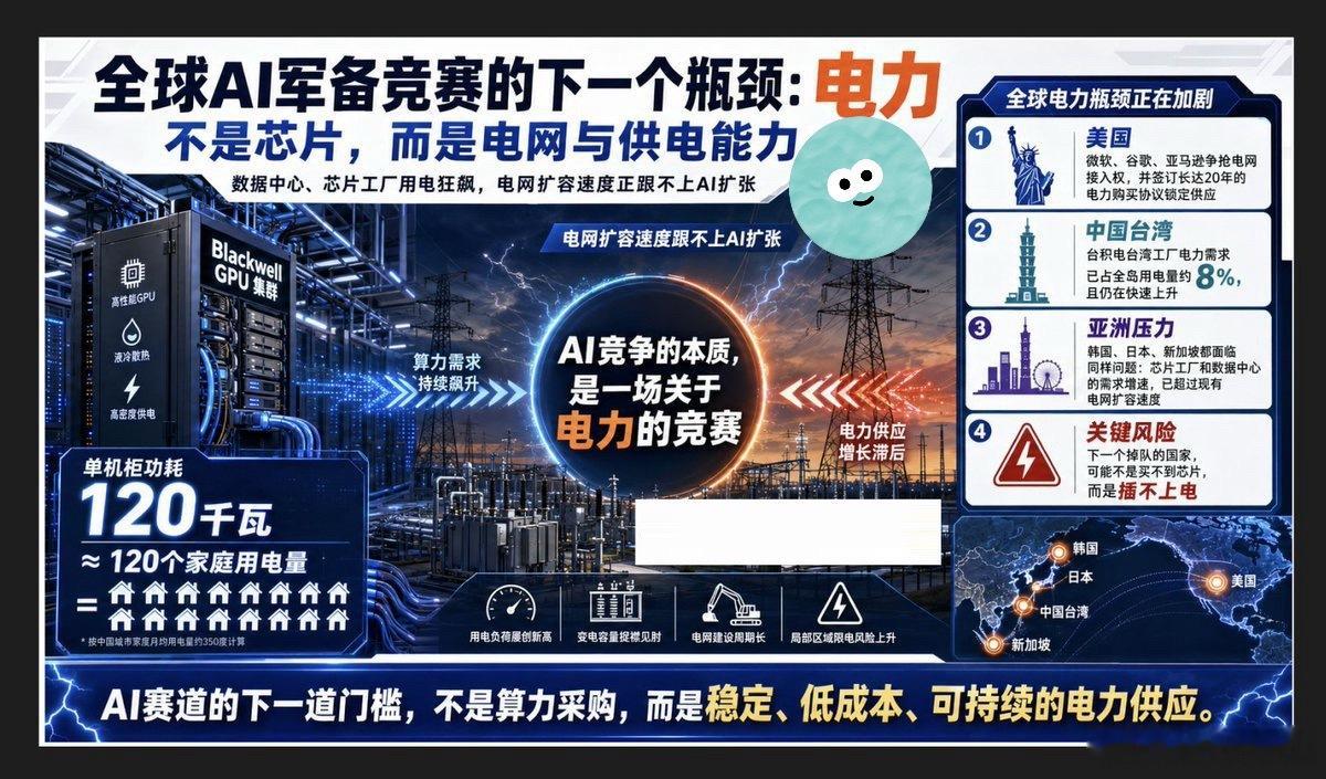 人工智能军备竞赛的本质是一场电力争夺战。数据中心是人工智能的物理支柱，也是全球最