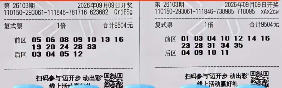 大乐透早场经典票现身：9504双票组合是目前最大复式，总花费达1.9万元，两票都